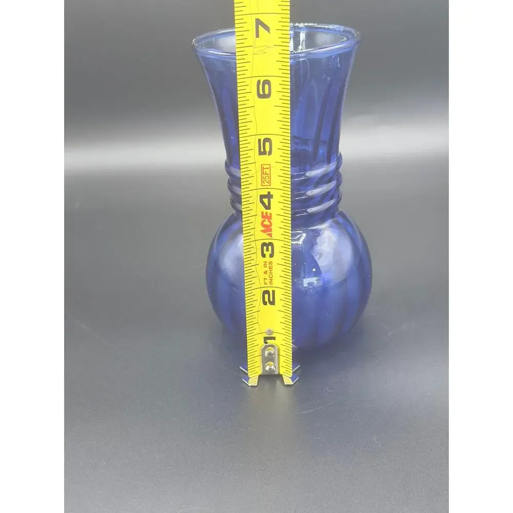 Vintage Indiana Glass Cobalt Blue Swirl Ribbed Ring Bud Vase 6.75 Inch